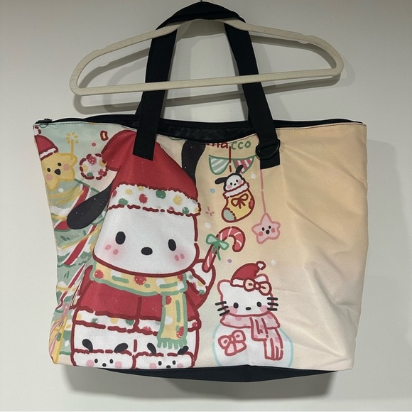 Pochacco Christmas Hello Kitty Tote Bag Large Capacity Zip Black Handles NWOT - Picture 2 of 4